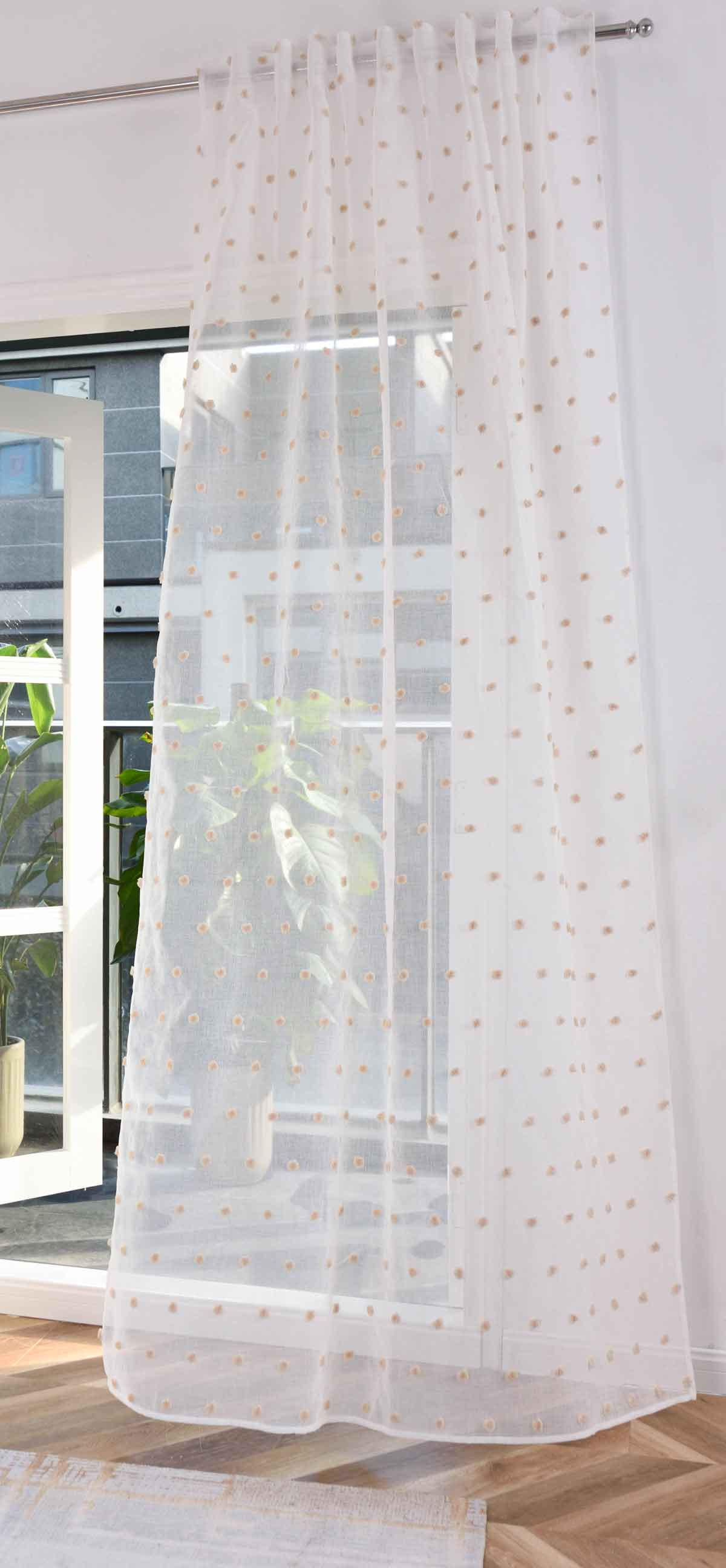GARDINE VALENCIA HxB 245x145 cm Natur Taupe Pompom - Weiß, Textil (145/245cm)