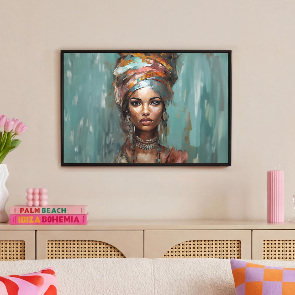 LEINWAND Bilder mit Rahmen - Frau - Kunst - Schmuck - Porträt - 60x40 - Blaugrau, Textil (60/40cm) - MuchoWow