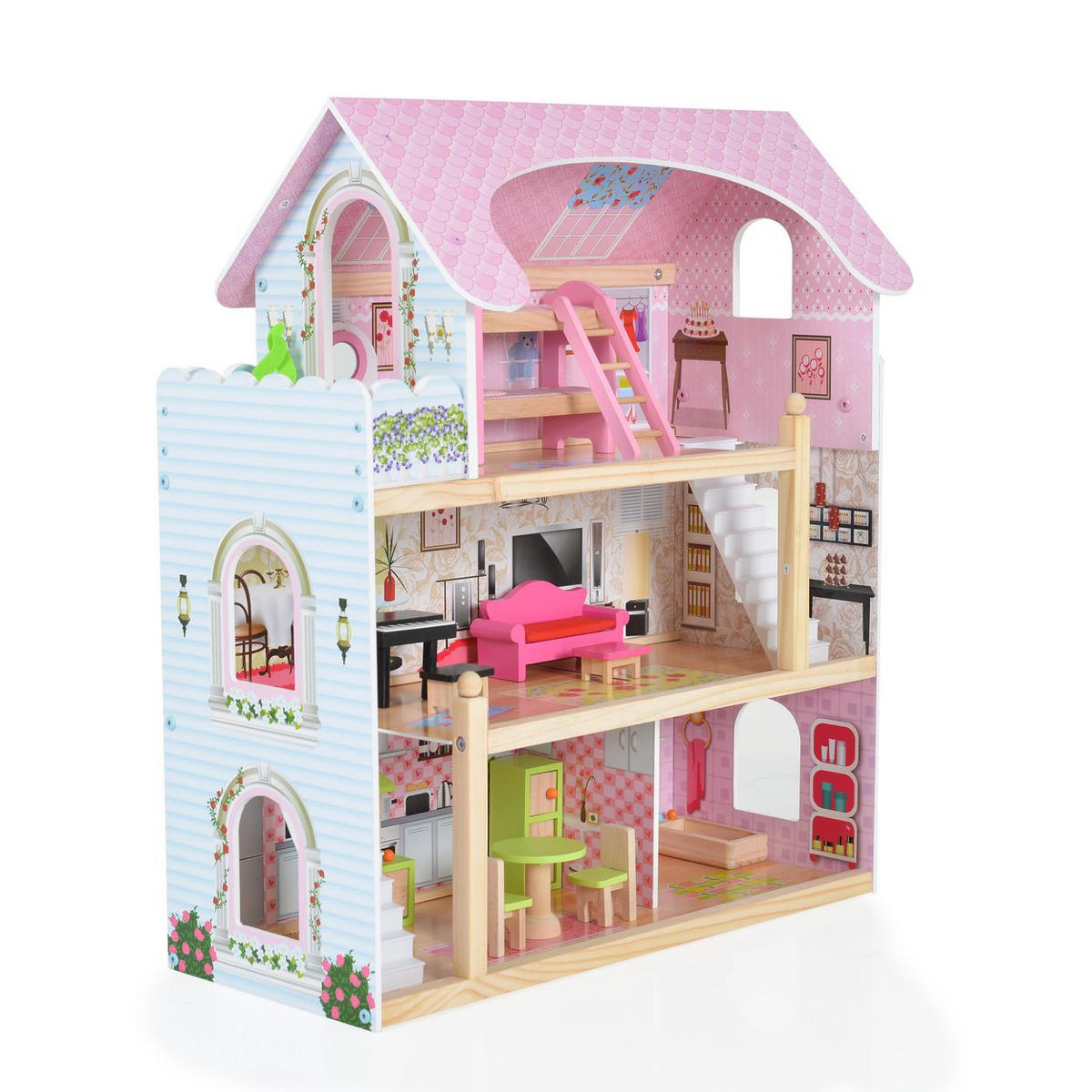 PUPPENHAUS Mila 4110 bunt Holz, 16-teiliges Möbelset, 3 Etagen, verschiedene Räume, Rollenspiel - Multicolor, Holz (62/70/31cm) - Moni