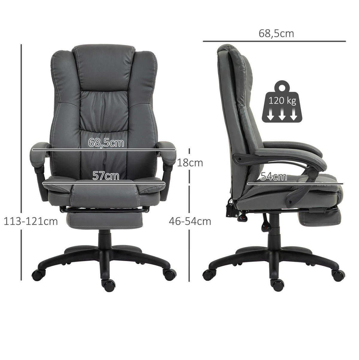 DREHSTUHL 68,5/68,5/113-121 cm dunkelgrau aus Kunstleder mit Massagefunktion und Fußstütze - Dunkelgrau, Leder (68.5/121/68.5cm) - OKWISH