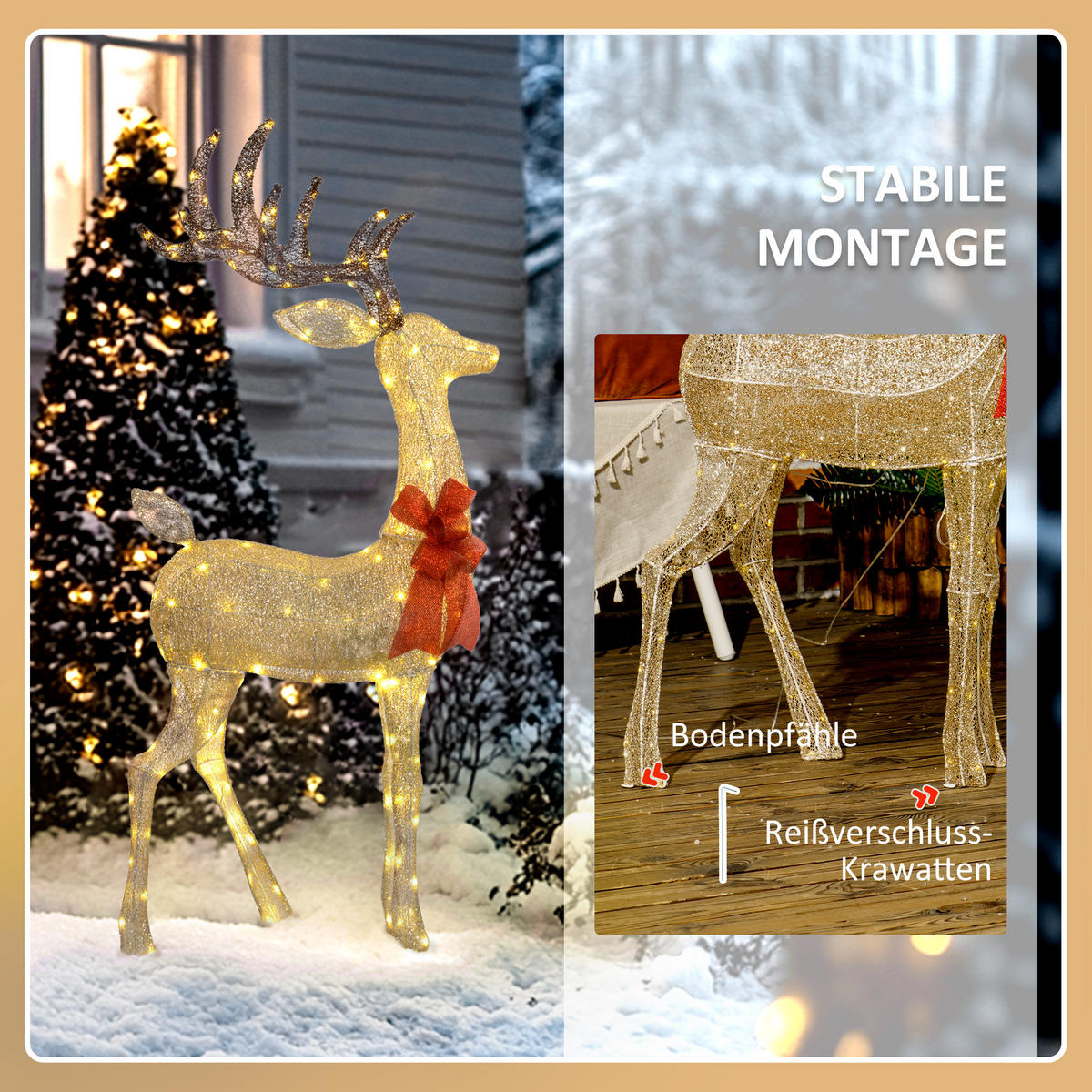 137ER LED Rentier, Weihnachtsdeko in warmweiß, Weihnachtsbeleuchtung - Goldfarben, Kunststoff/Metall (25/135/66cm) - Outsunny