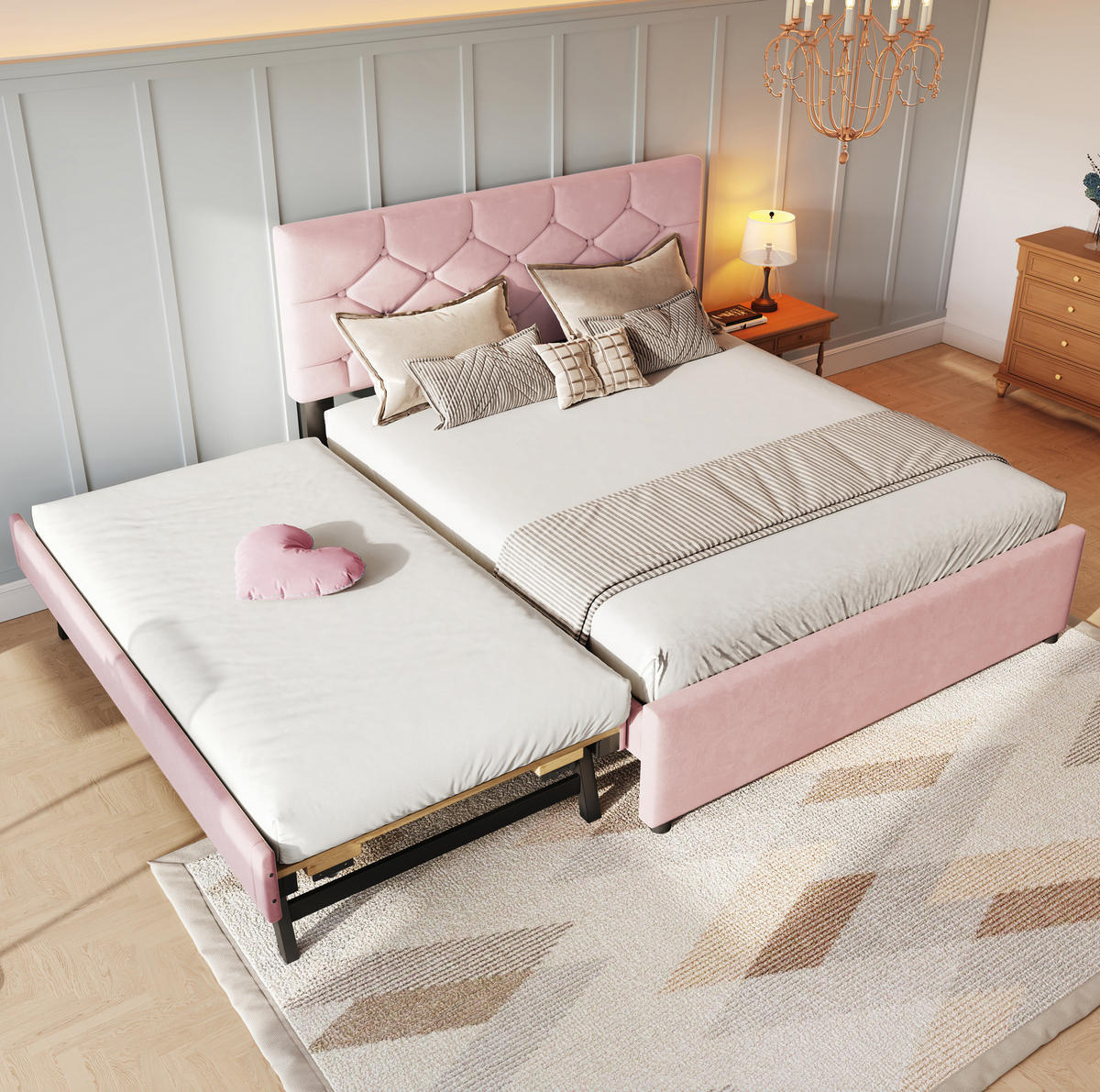 POLSTERBETT 140/200 cm rosa aus Samt mit Rollbett - Rosa, Textil (140/200cm) - OKMYHOME