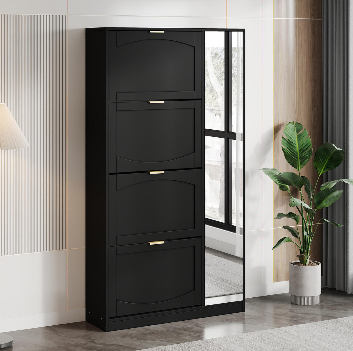 SCHUHSCHRANK mit Spiegel 80x147x24 cm Schwarz - Schwarz, Holzwerkstoff (24/147/80cm) - Beauniv