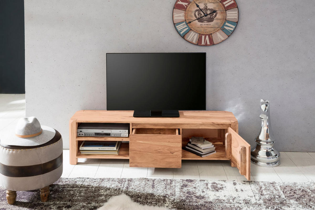 TV-LOWBOARD Massivholz, 4 Füße, viel Stauraum, Beige 140x35x40 cm - Beige, Holz (140/40/35cm) - KADIMA DESIGN