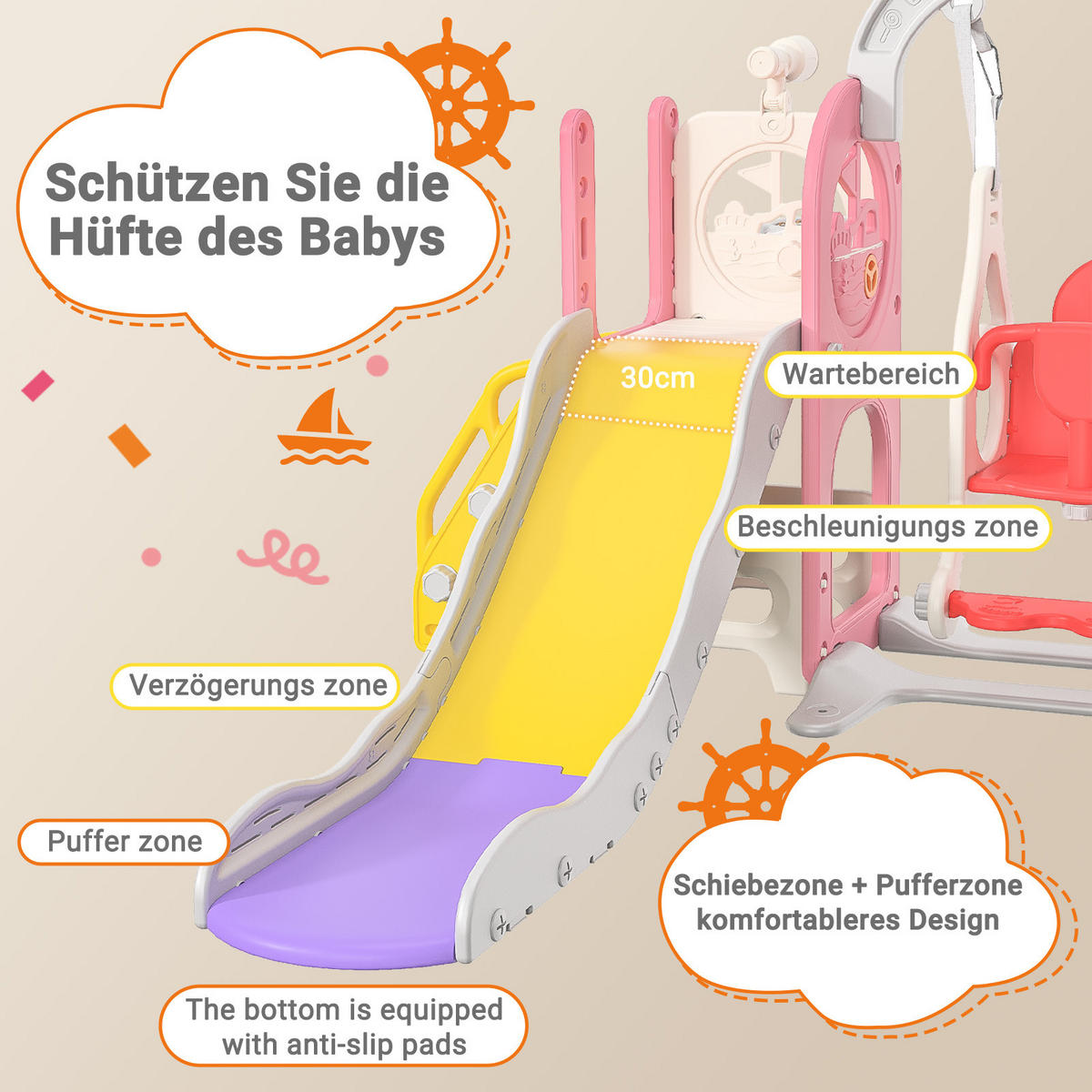 6-IN-1 RUTSCHE Kinder Rosa Mit Klettergerüst, Schaukel & Teleskop - Rosa, Holz (150/115/150cm)