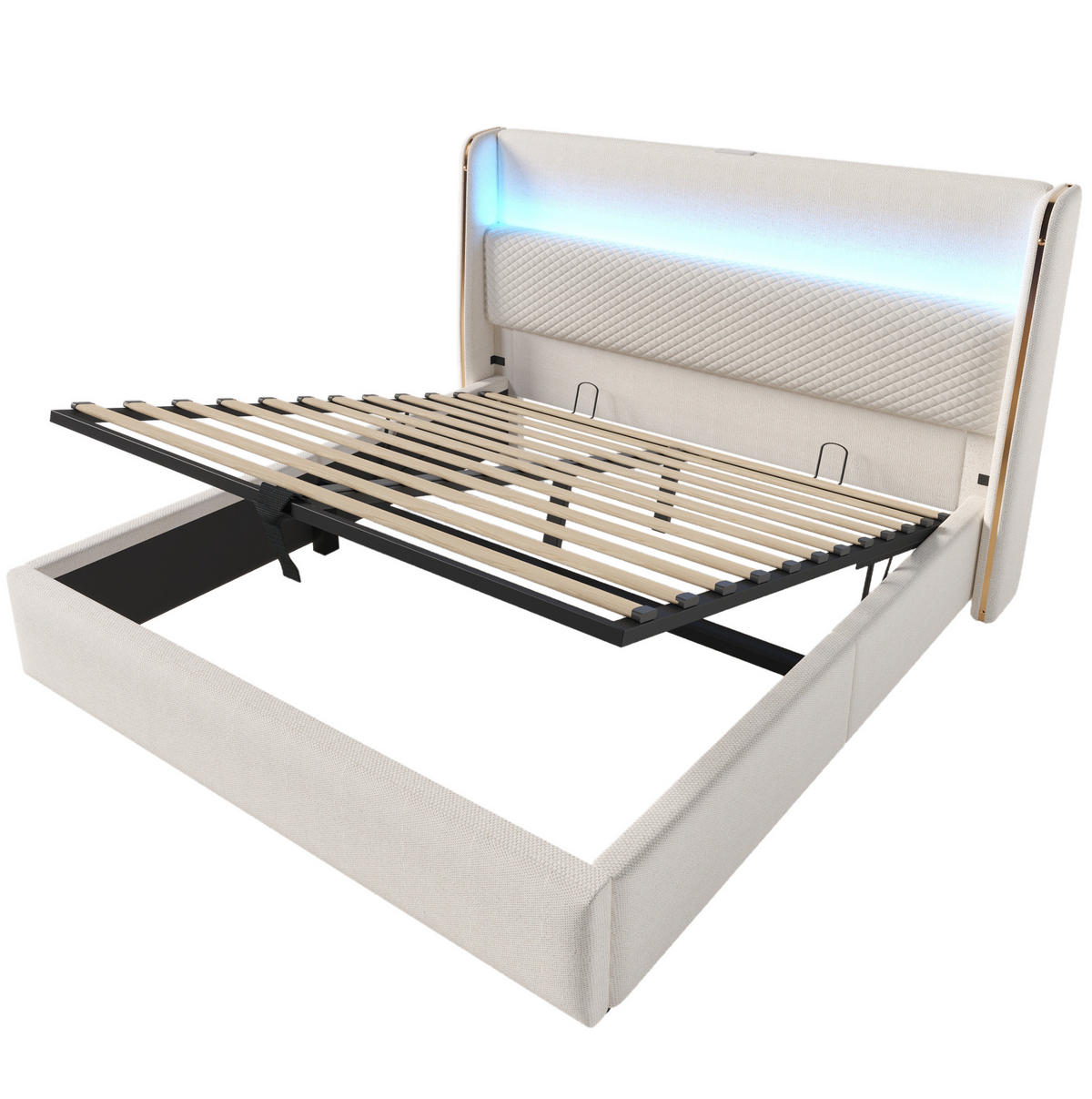 POLNJENA postelja iz lanu 160x200 cm bež z LED osvetlitvijo, USB/Type-C priključki in hidravličnim predalom - bež, tekstil (160/200cm) - Modfu