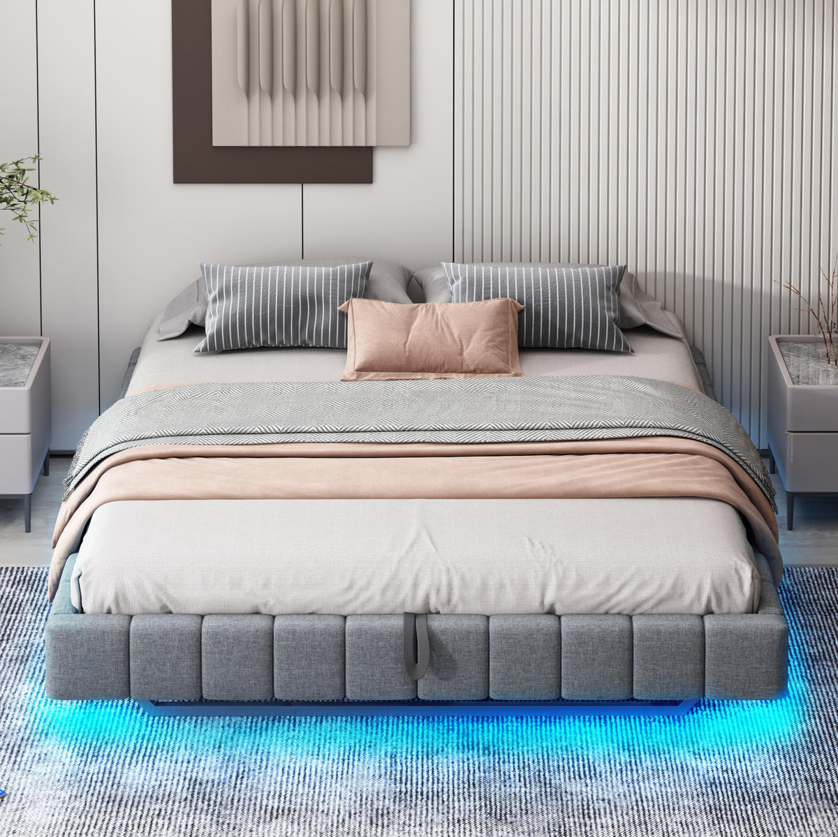 POLSTERBETT mit Stauraum und LED 180x200 cm Leinen Grau - Grau, Metall (180/200cm) - Meubliv