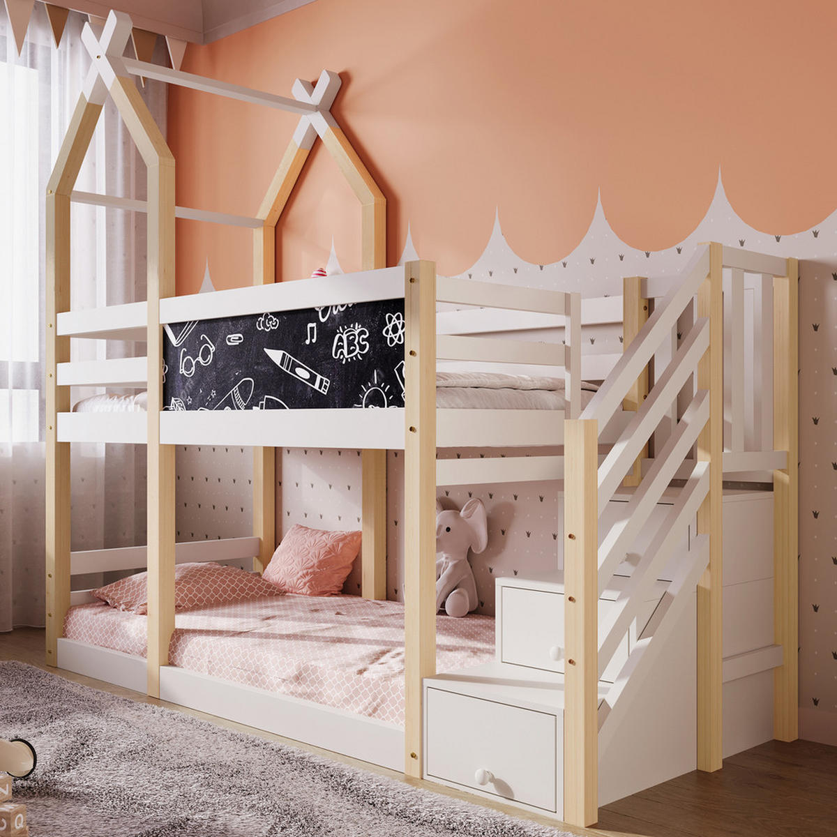 ETAGENBETT 90x200cm Baumhaus Design mit Tafel Rausfallschutz Natur Weiß - Weiß, Holz - FLIEKS