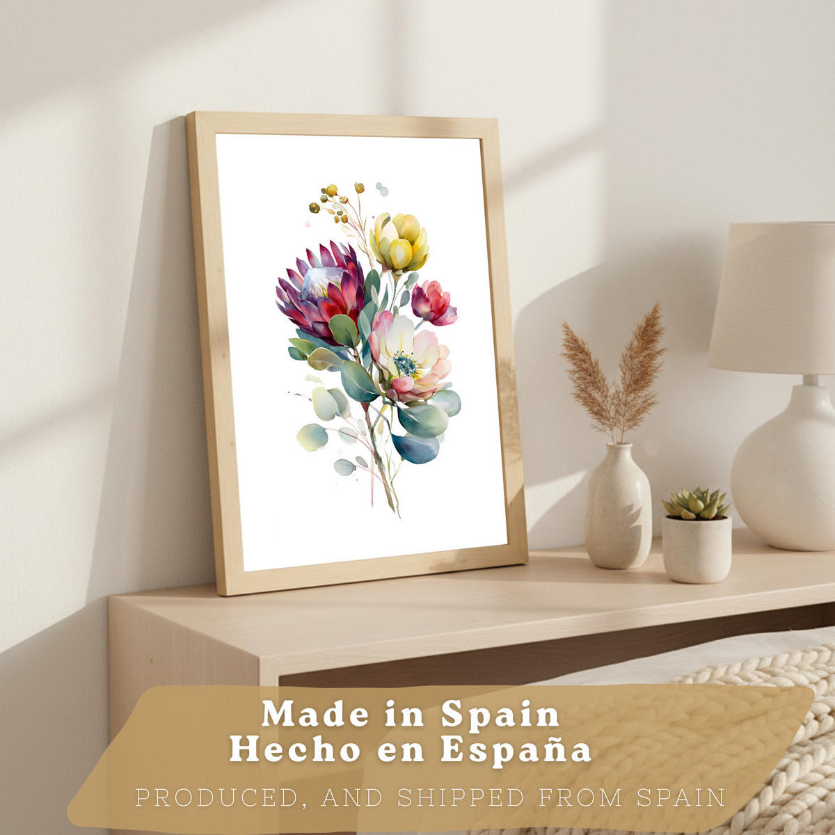 PLAKAT Sada 3 botanických uměleckých tisků. Květinové nástěnné umění. Květinové tisky. Velikost Světlý dřevěný rám A3 - béžová, papír (29.7/42/3cm) - Nacnic