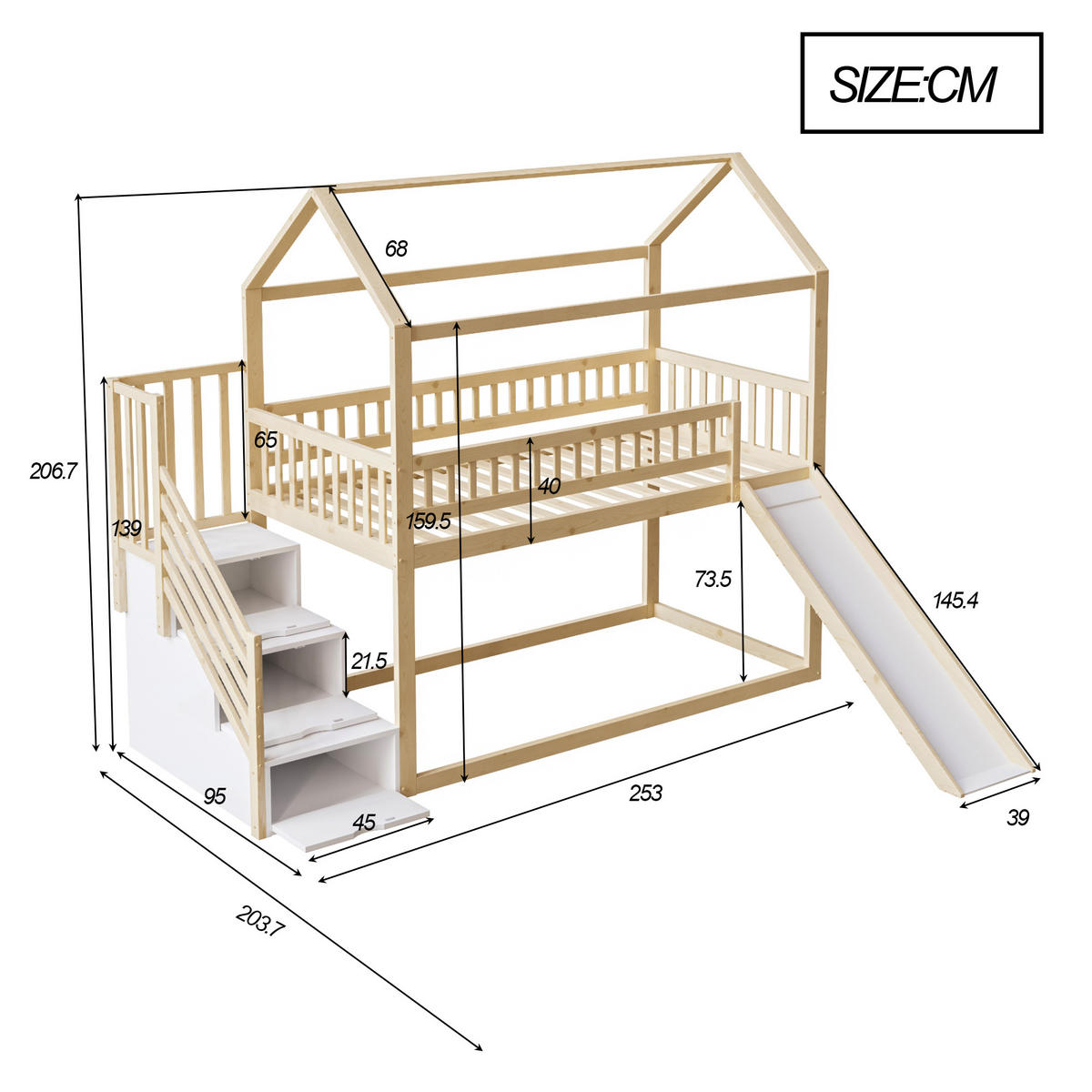 SPIELBETT 90/200 cm DE-01608, in Holzfarbe, mit Rutsche und Stauraumleiter - Naturfarben, Holz (90/200cm) - ComfortXL