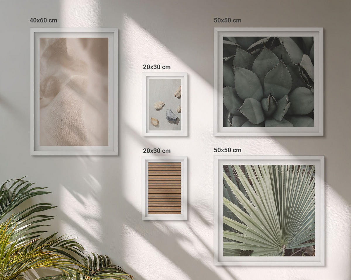 WANDBILDER 5er-Set - 50x50 cm & 20x30 cm & 40x60 cm Weißer Rahmen - Steine, Holz, Stofftexturen - Weiß, Kunststoff (40/60cm) - ArtPrintCave