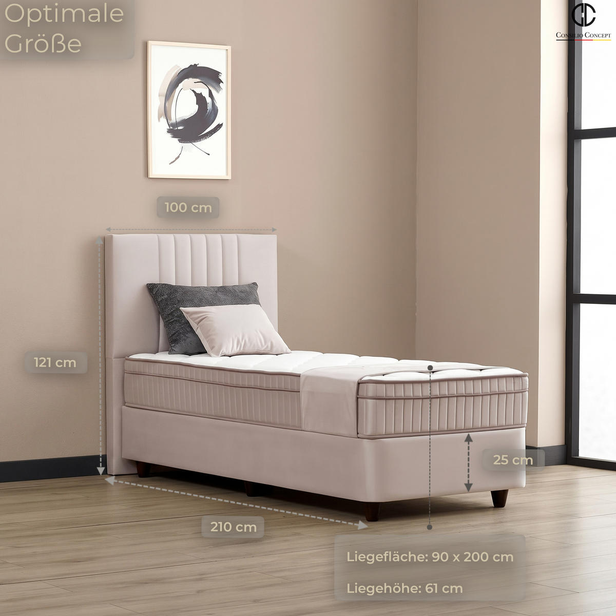 BOXSPRINGBETT MIT BETTKASTEN CARL 90/200 cm, Beige, Bettkasten, Matratze, Topper integriert, H3 mittel 7-Zonen Matratze - Beige/Schwarz, Holz/Kunststoff (90/200cm) - Consilio Concept