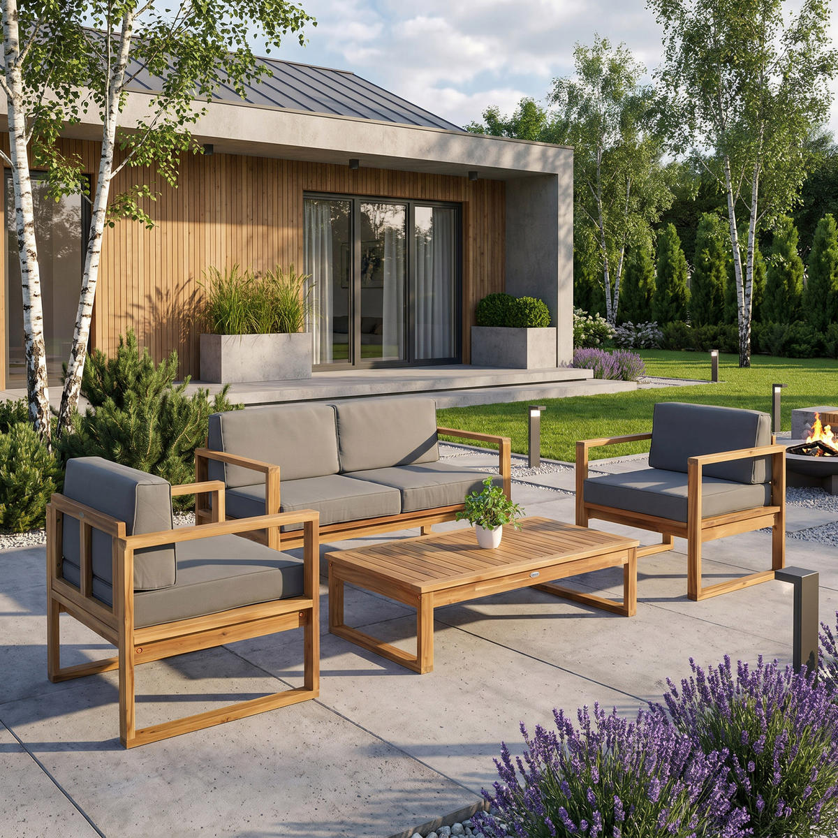 GARTENSET Danilo aus Akazienholz, Sofa, 2 Sessel und Tisch, Dunkelgrau+Braun - Dunkelgrau/Eichefarben, Holz - Beautysofa