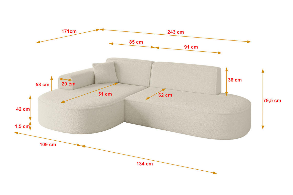 ECKSOFA Ottomane Links MARI-L1 - 243x171x79 cm Beige Bouclé - Beige/Schwarz, Holzwerkstoff/Kunststoff (163/234cm) - ALTDECOR