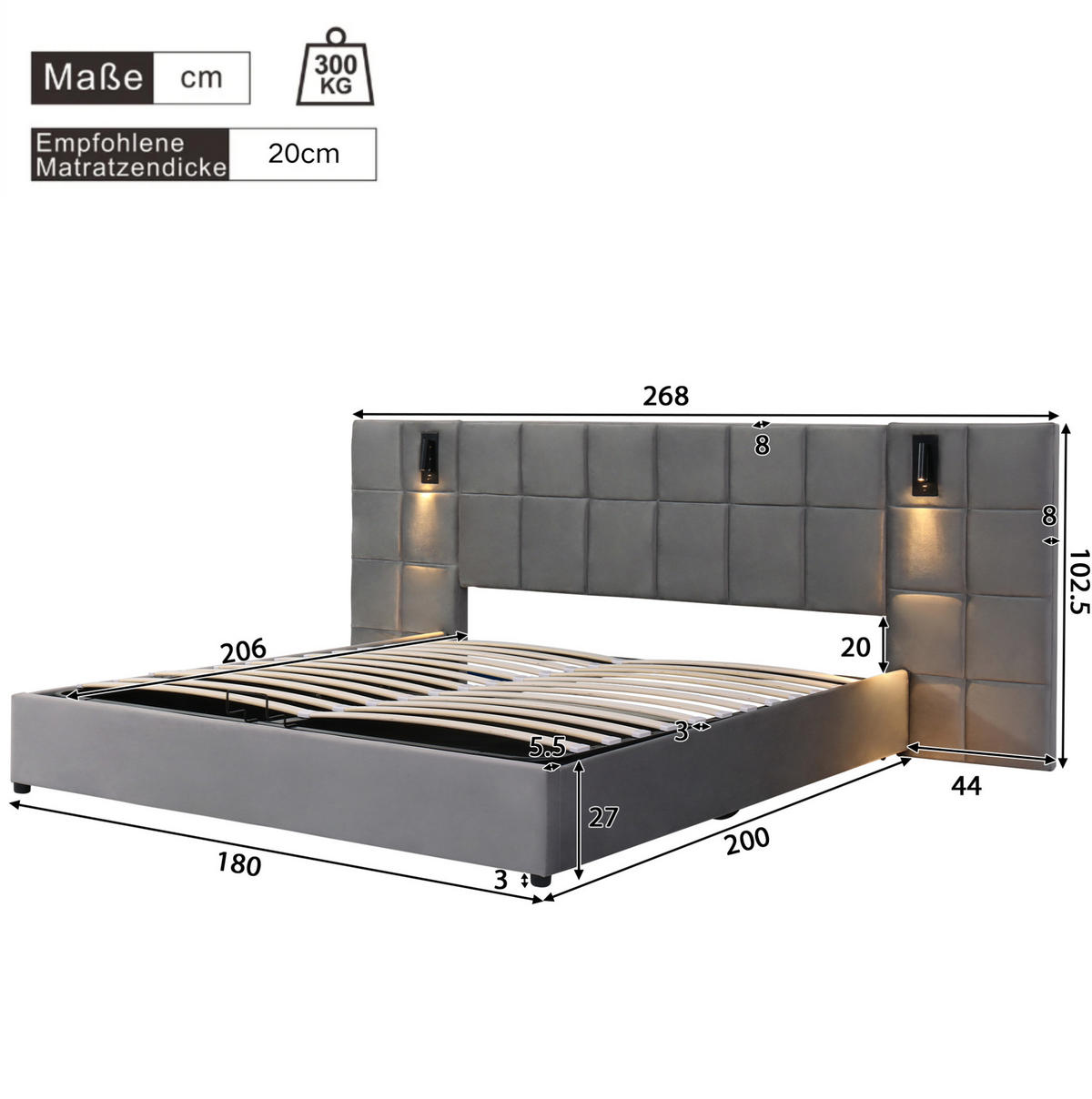 POLSTERBETT aus Samt 180x200 cm in Grau mit Stauraum, LED-Leselicht & USB - Grau, Textil (180/200cm) - Modfu