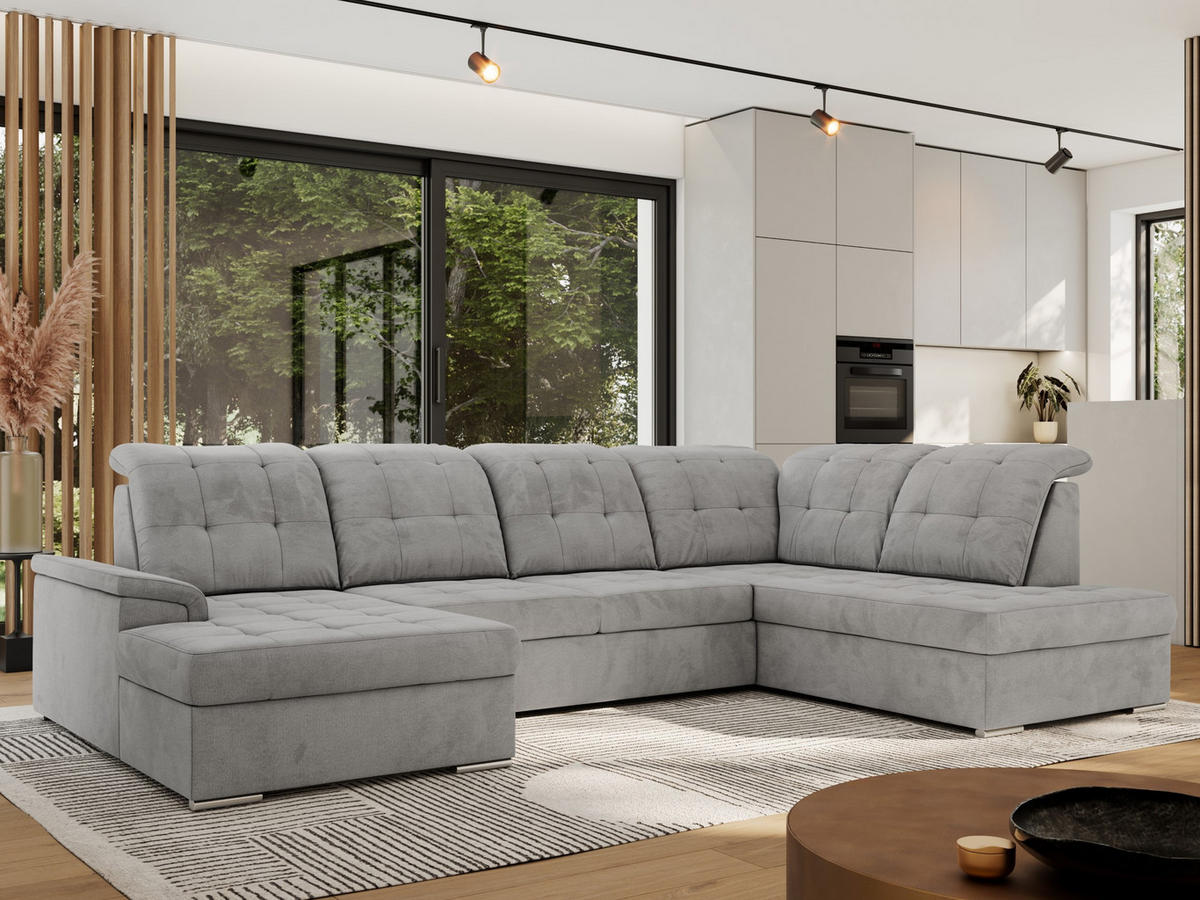 WOHNLANDSCHAFT MADRITO U - Hellgrau Velorus - Rechts - Silberfarben/Hellgrau, Textil/Metall (323/89/204cm) - MKS