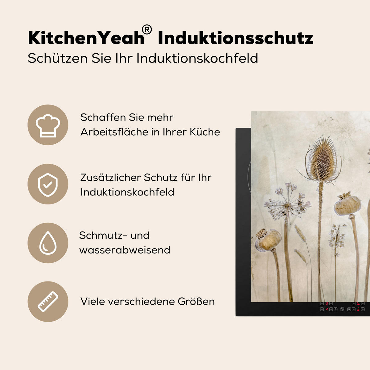 HERDABDECKPLATTE Blumen - Aquarell - Stilleben - Braun - Vintage Herdabdeckung Induktionsfeld 65x52 cm - Sandfarben, Kunststoff (65/52/0.2cm) - MuchoWow