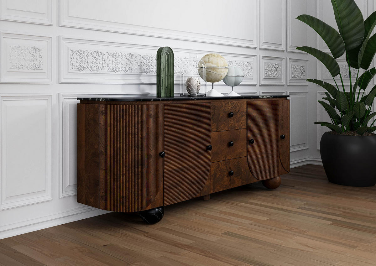 SIDEBOARD Mango 200x40x80 dunkelbraun lackiert / Marmor schwarz FLORENZ #222 - Dunkelbraun, Holz (200/80/40cm) - Massivmoebel24