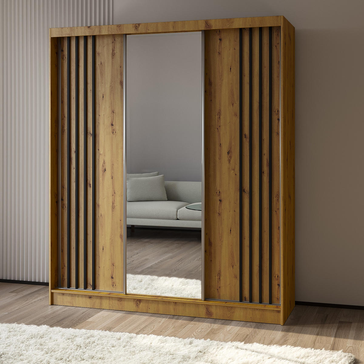 SCHWEBETÜRENSCHRANK NELVIA 180/216/61 cm 3-türig mit Spiegel Eiche Artisan - Eiche Artisan, Holzwerkstoff (180/216/61cm) - MASSENO