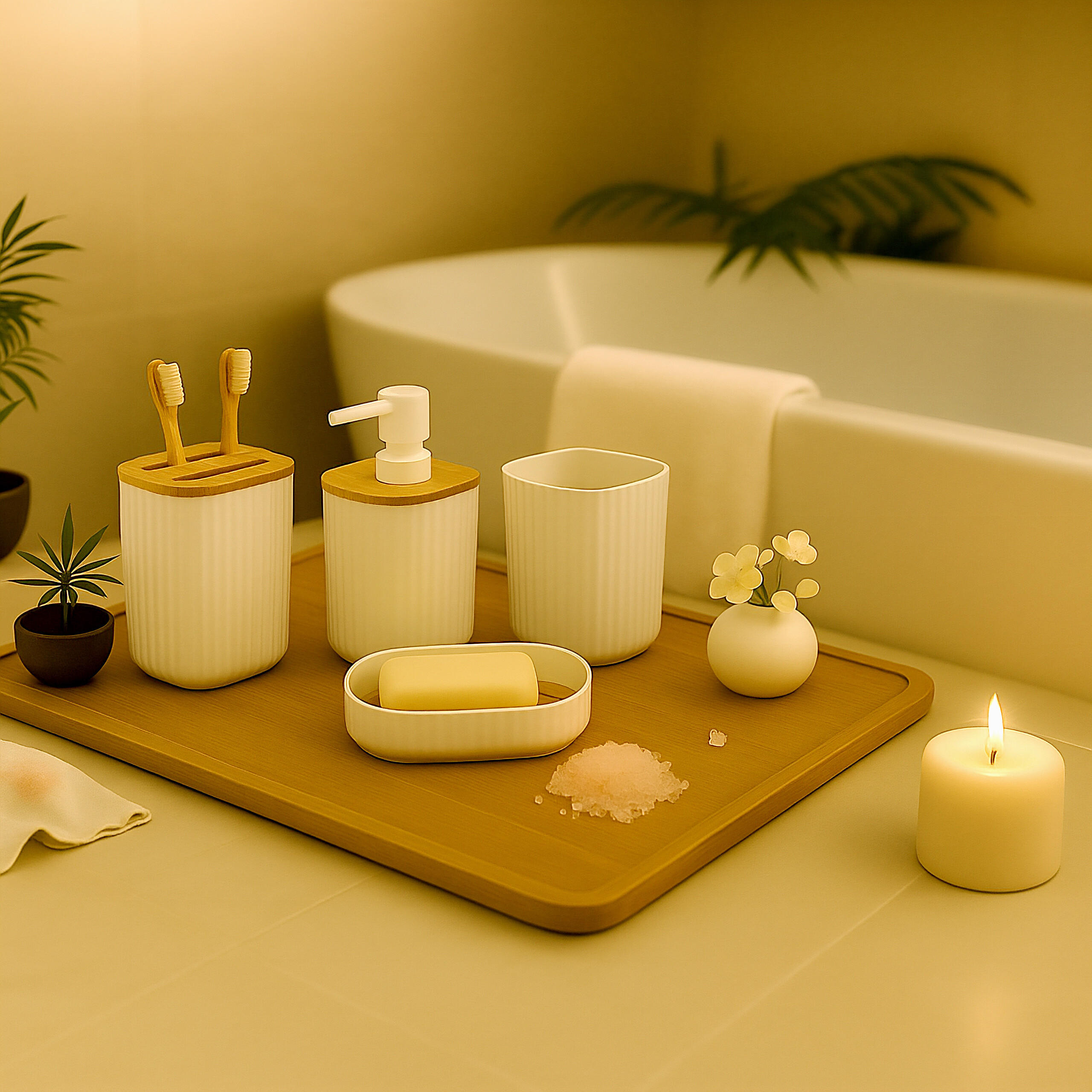 BADEZIMMER-SET 6-tlg. - Weiß, Holz/Kunststoff (18/27/18cm) - Relaxdays