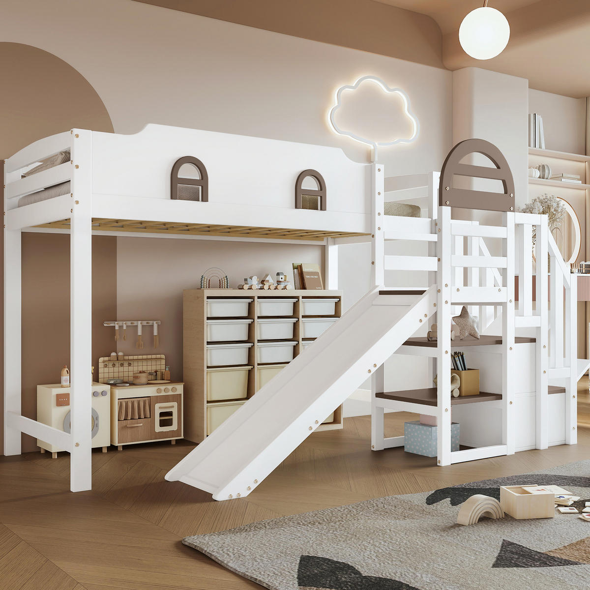 ETAGENBETT mit Fenstern, Rutsche und Stauraumtreppe, Weiß, 90/200 cm - Weiß, Holz (90/200cm) - MIVRAY