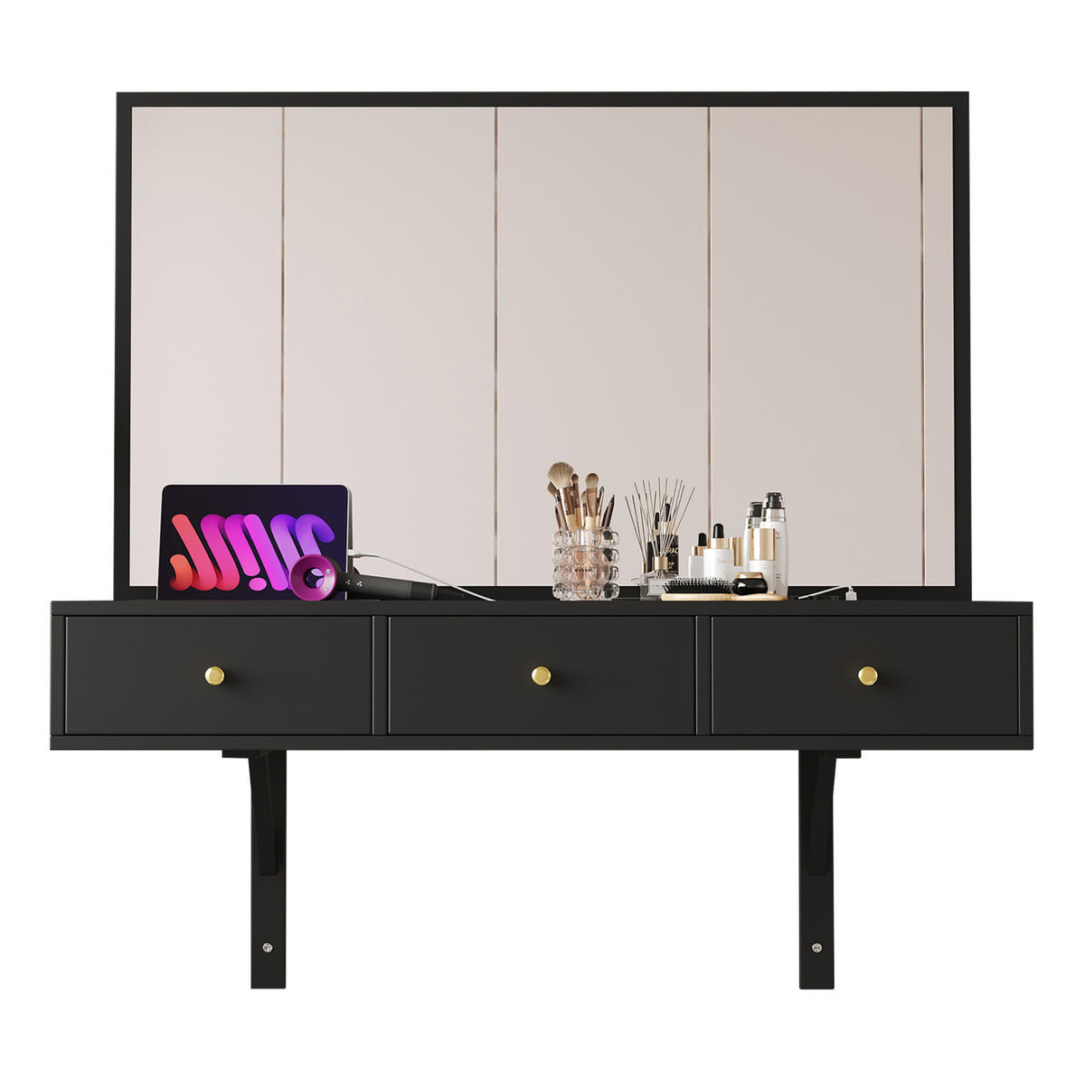 SCHMINKTISCH 100/45/105 cm in Schwarz mit Spiegel und Steckdosenleiste - Schwarz, Holzwerkstoff (100/105/45cm) - Flora Grace