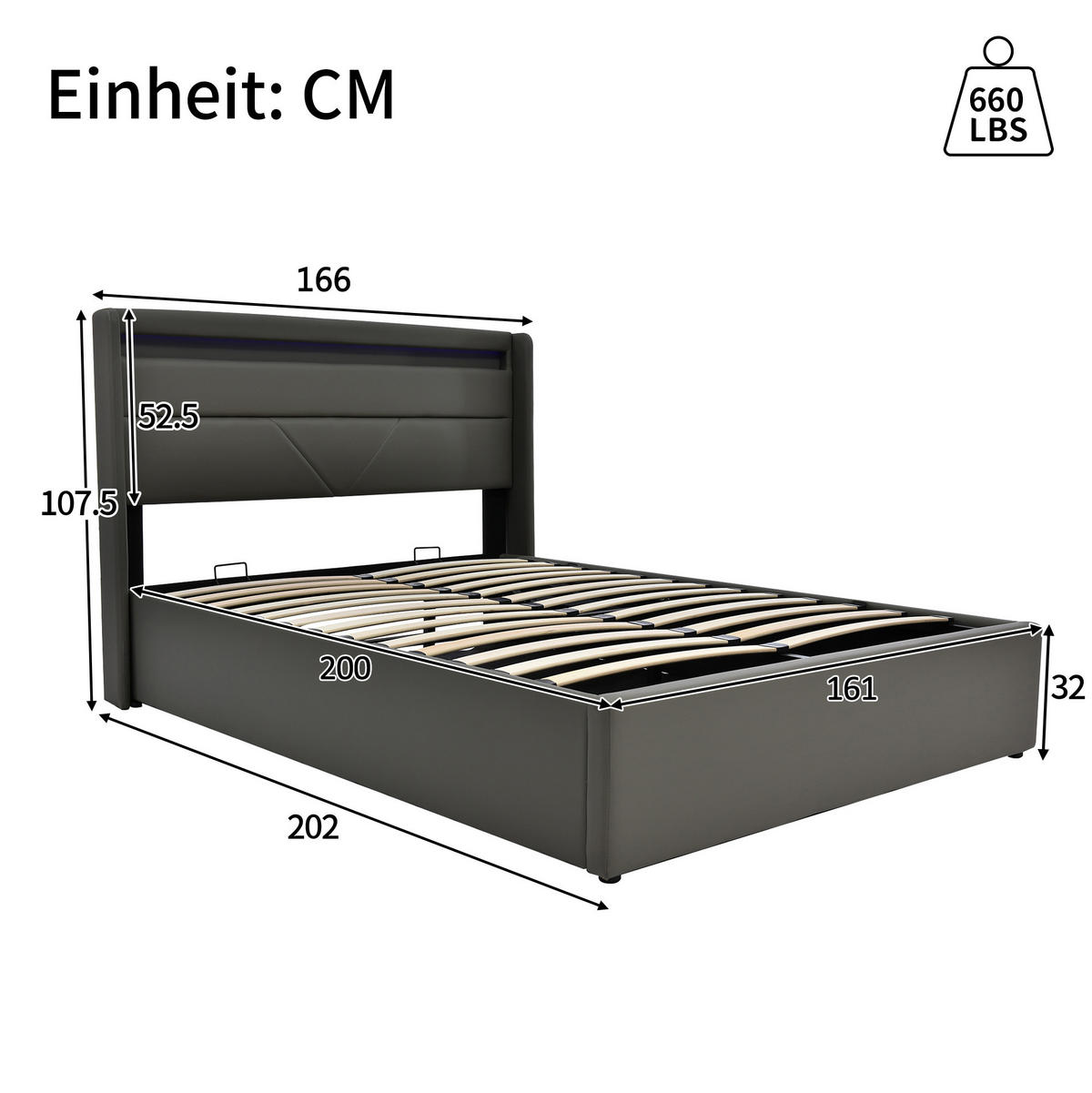 POLSTERBETT 160/200 cm mit LED-Beleuchtung, Fernbedienung und hydraulischem Bettkasten, Grau - Grau, Leder (160/200cm) - Redom