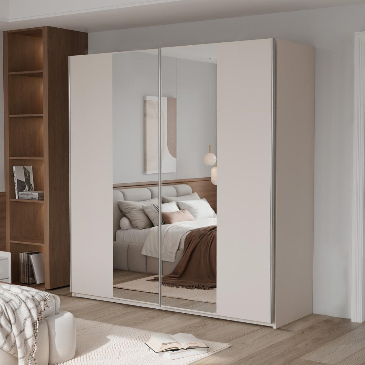 SCHWEBETÜRENSCHRANK Perla mit 2 Türen und Spiegel, 200 cm, Sandbeige - Sandfarben, Holzwerkstoff (200/210/65cm) - Beautysofa