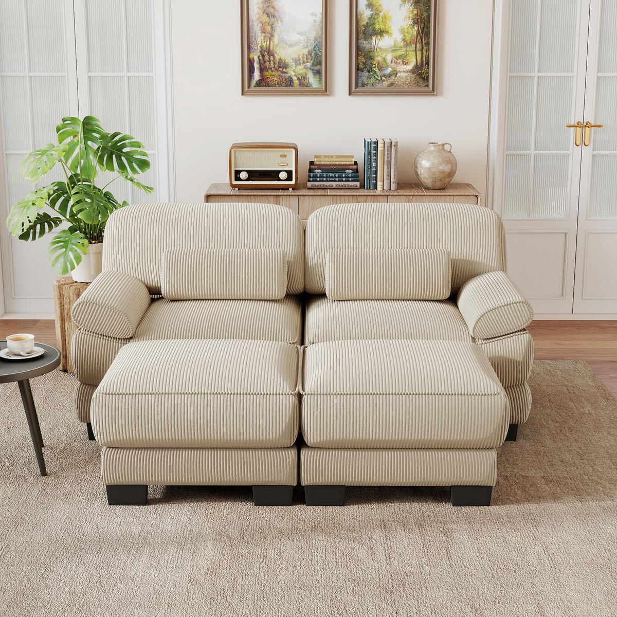 2-SITZER-SOFA modular mit 2 Hockern, DE-42659, Beige - Beige, Holz (194/94/161cm) - ComfortXL