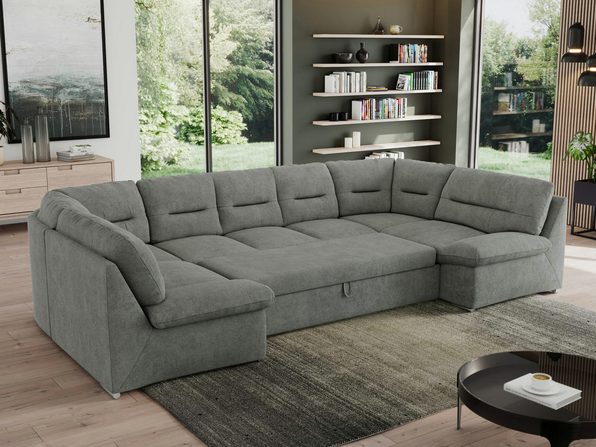 WOHNLANDSCHAFT MORBIDO U Grau Struktur - Silberfarben/Grau, Textil/Metall (340/93/206cm) - MKS