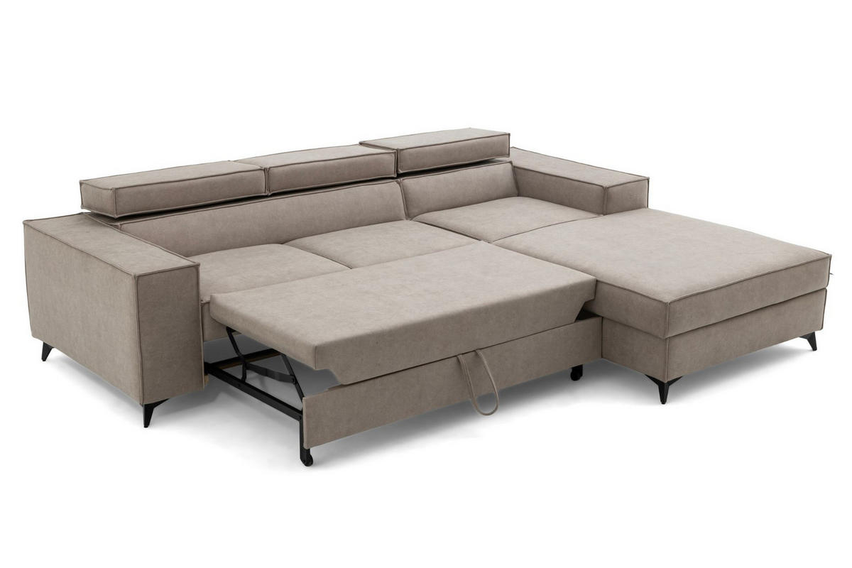 ECKSOFA PURE S Rechts mit Schlaffunktion 127x215 Velours Creme - Creme/Schwarz, Holz/Textil (204/281cm) - Muffo