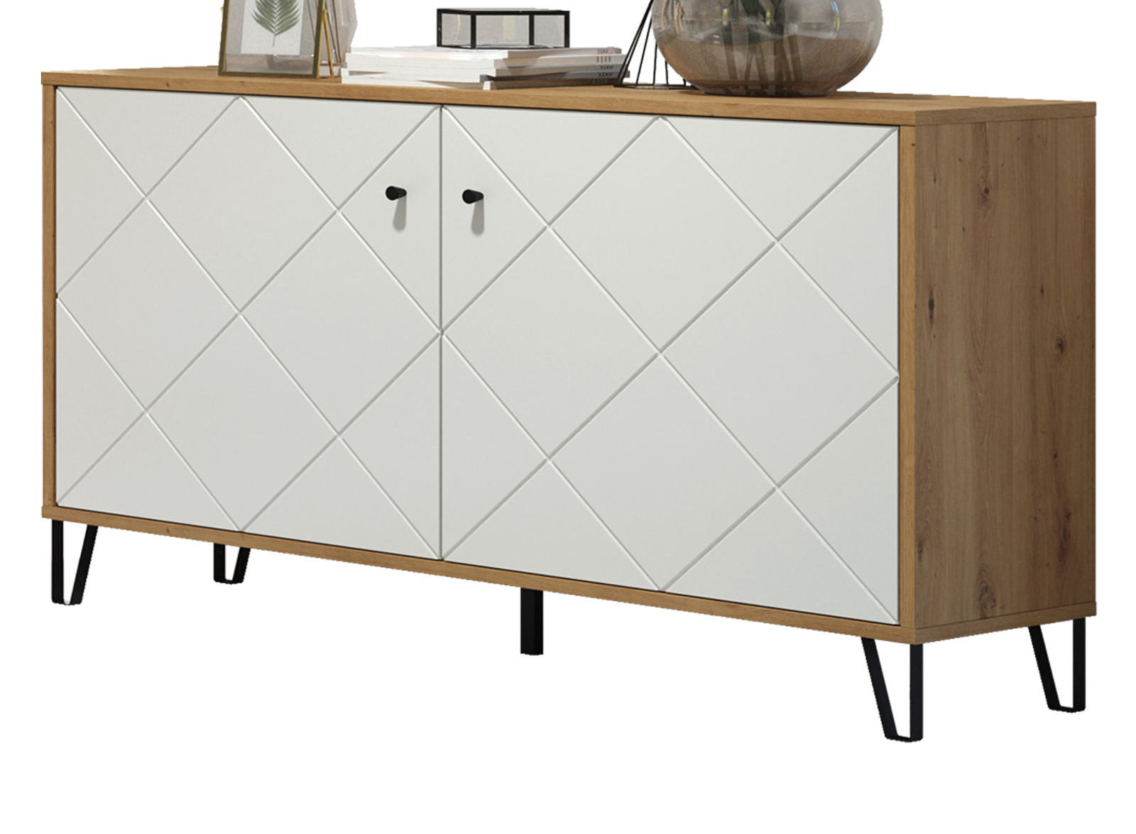KOMMODE weiß matt mit Rautenoptik, Eiche Artisan 123 cm, Sideboard mit Soft-Close - Eichefarben/Schwarz, Holzwerkstoff/Kunststoff (123/76/40cm) - Top.Furn