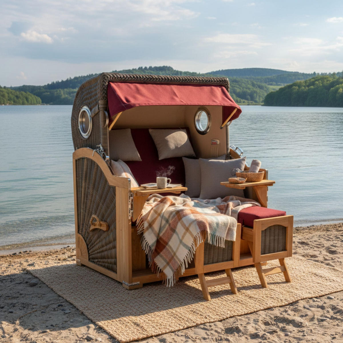 STRANDKORB Düne Grande Bullauge Teak PE Grey Dessin 594 - Rot/Braun, Metall (142/170/95cm) - Mr. Deko