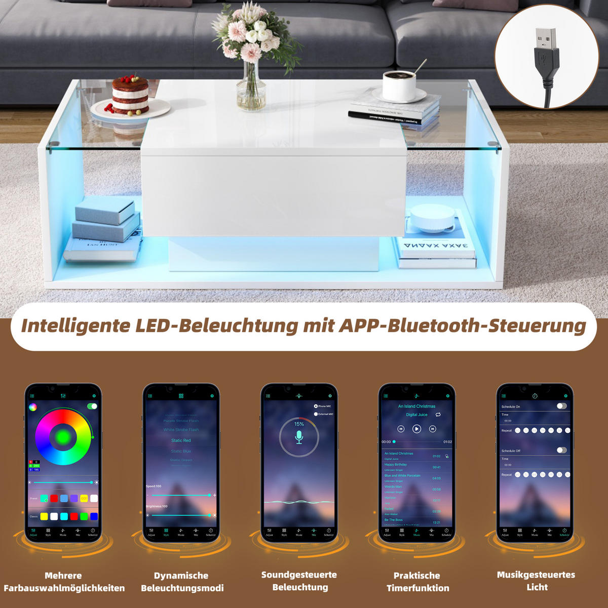 COUCHTISCH aus Spanplatte & Glas 100x50x31 cm in Weiß mit LED & 1 Schublade - Weiß, Holzwerkstoff (100/50/31cm) - Modfu