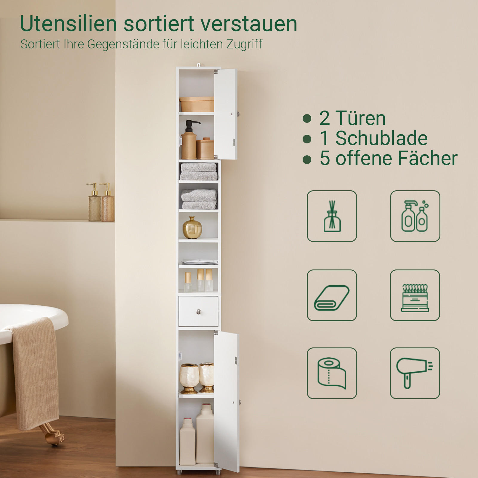 HOCHSCHRANK schmal Weiß - Weiß, Holzwerkstoff (20/180/20cm) - SoBuy