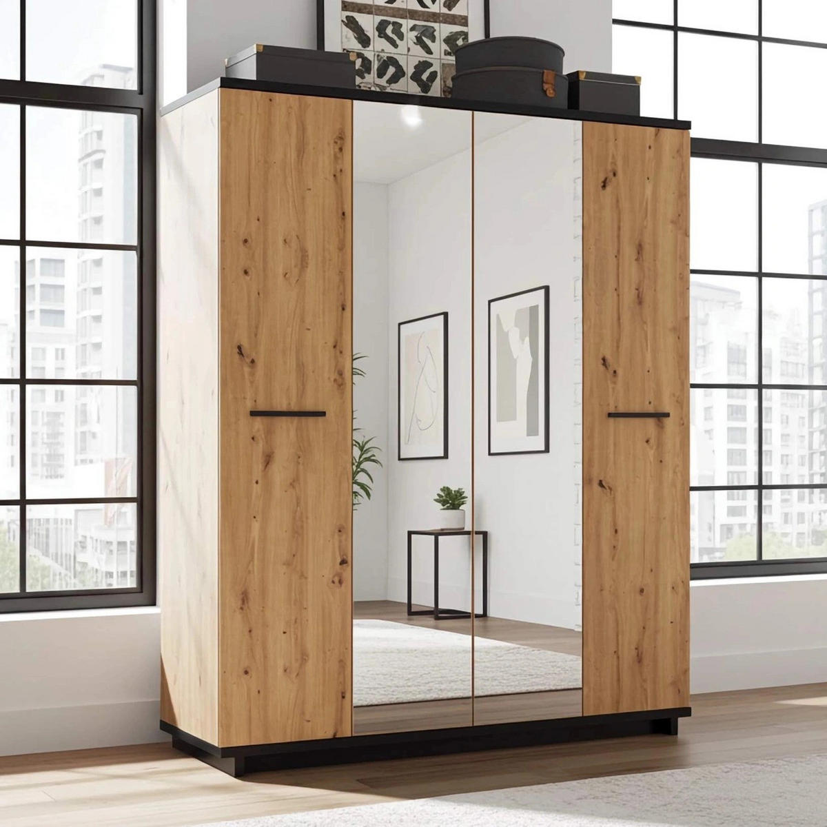 DREHTÜRENSCHRANK Zonda 180/215/60 mit Spiegel 4-türig - Schwarz/Eiche Artisan, Holzwerkstoff/Kunststoff (180/215/60cm) - Ravio
