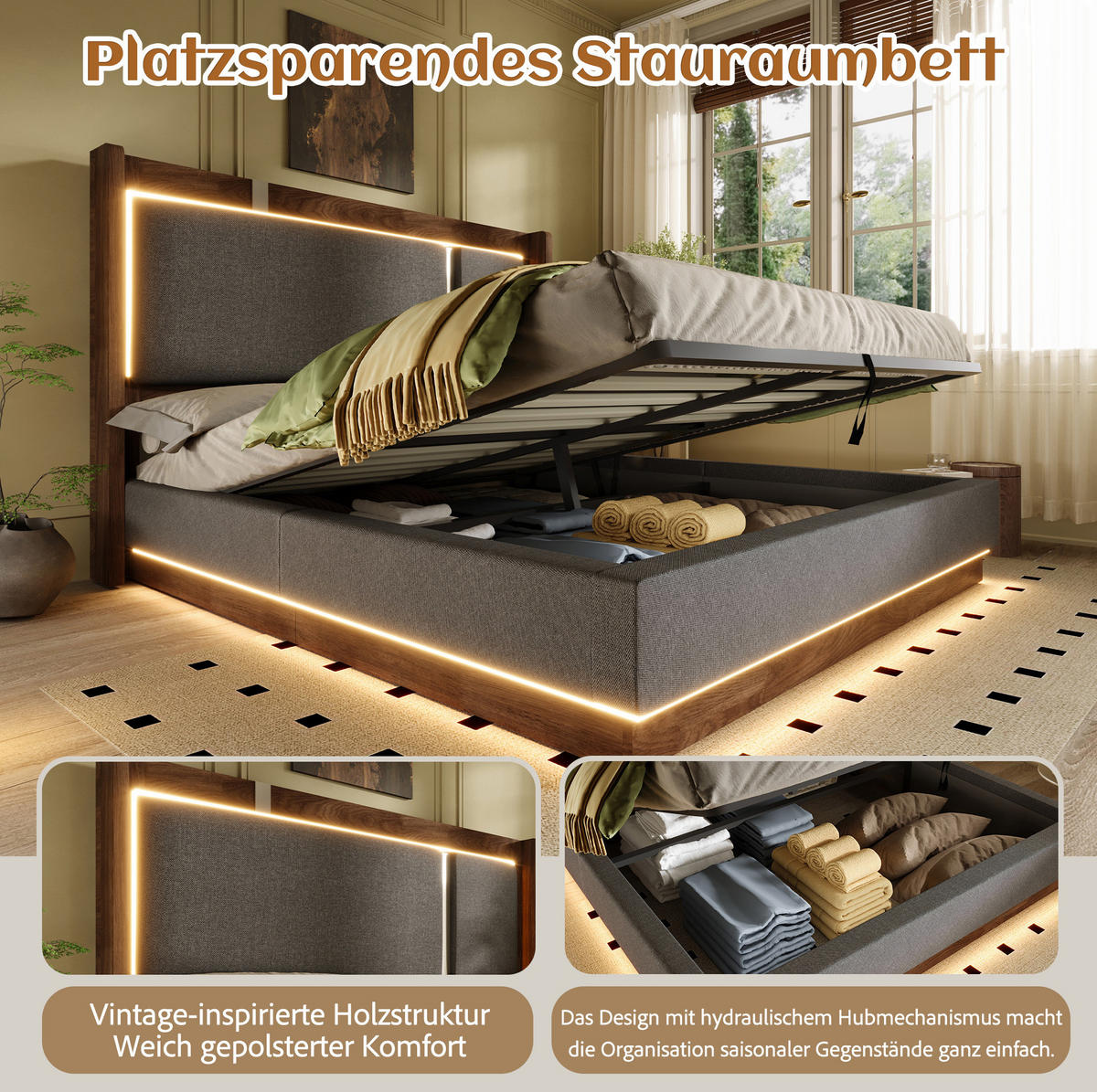 STAURAUMBETT 90/200 cm mit LED, Hydraulik und Bettkasten ohne Matratze - Grau, Textil (90/200cm) - MIVRAY