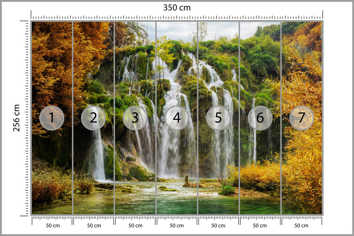 FOTOTAPETE für Esszimmer Exotischer Wasserfall Herbstbaum 350x256 - Gelb/Beige, Papier (350/256cm) - Muralo