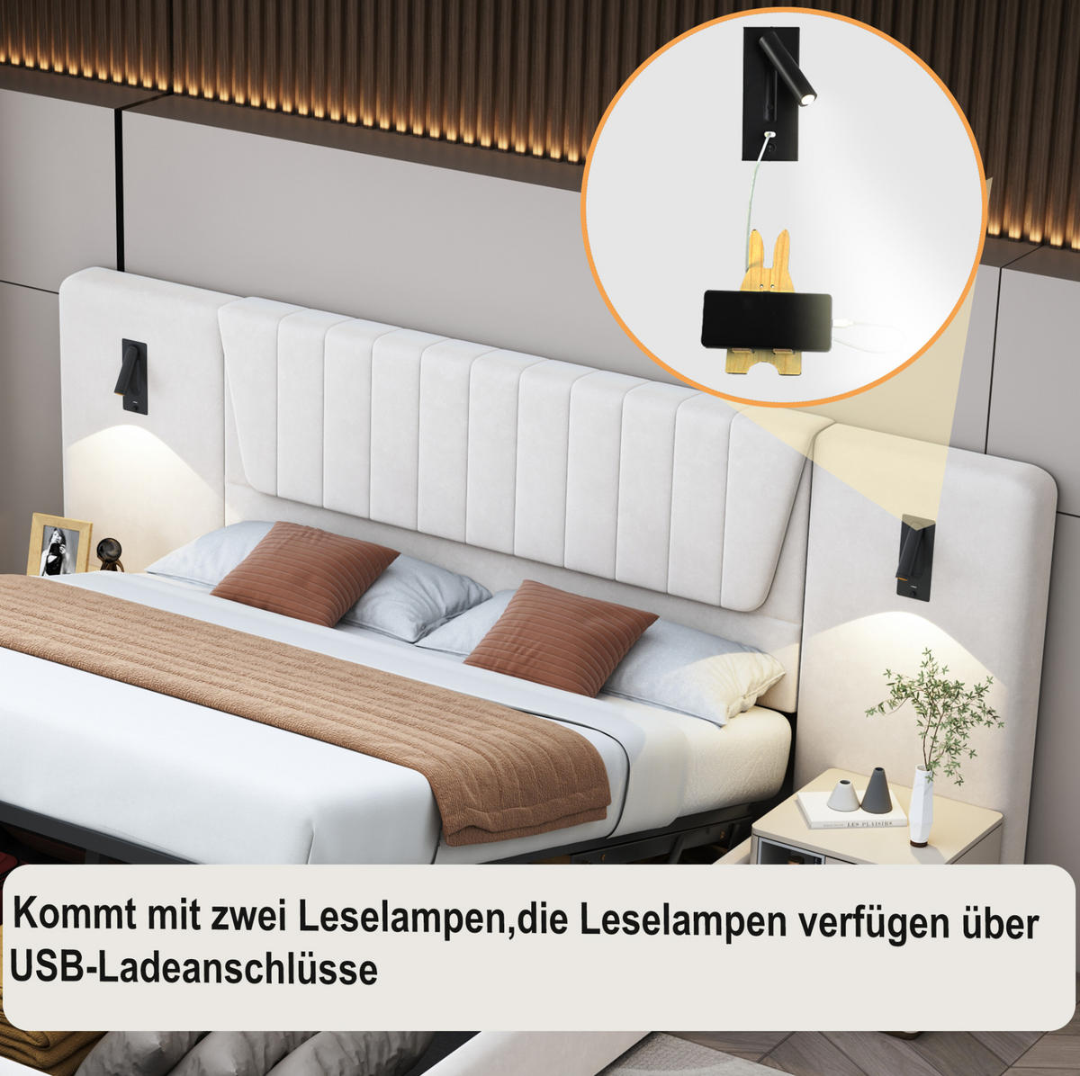 ČALÚNENÁ posteľ 180/200 cm s otočnými čítacími lampami, USB portom a hydraulickým úložným priestorom, Béžová - béžová, textil (180/200cm) - Redom