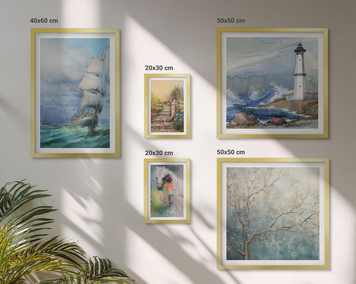 BILDER SET 5er Set - 50x50 cm & 20x30 cm & 40x60 cm Goldrahmen - Familienillustrationen Hausschilder - Goldfarben, Kunststoff (40/60cm) - TULUP