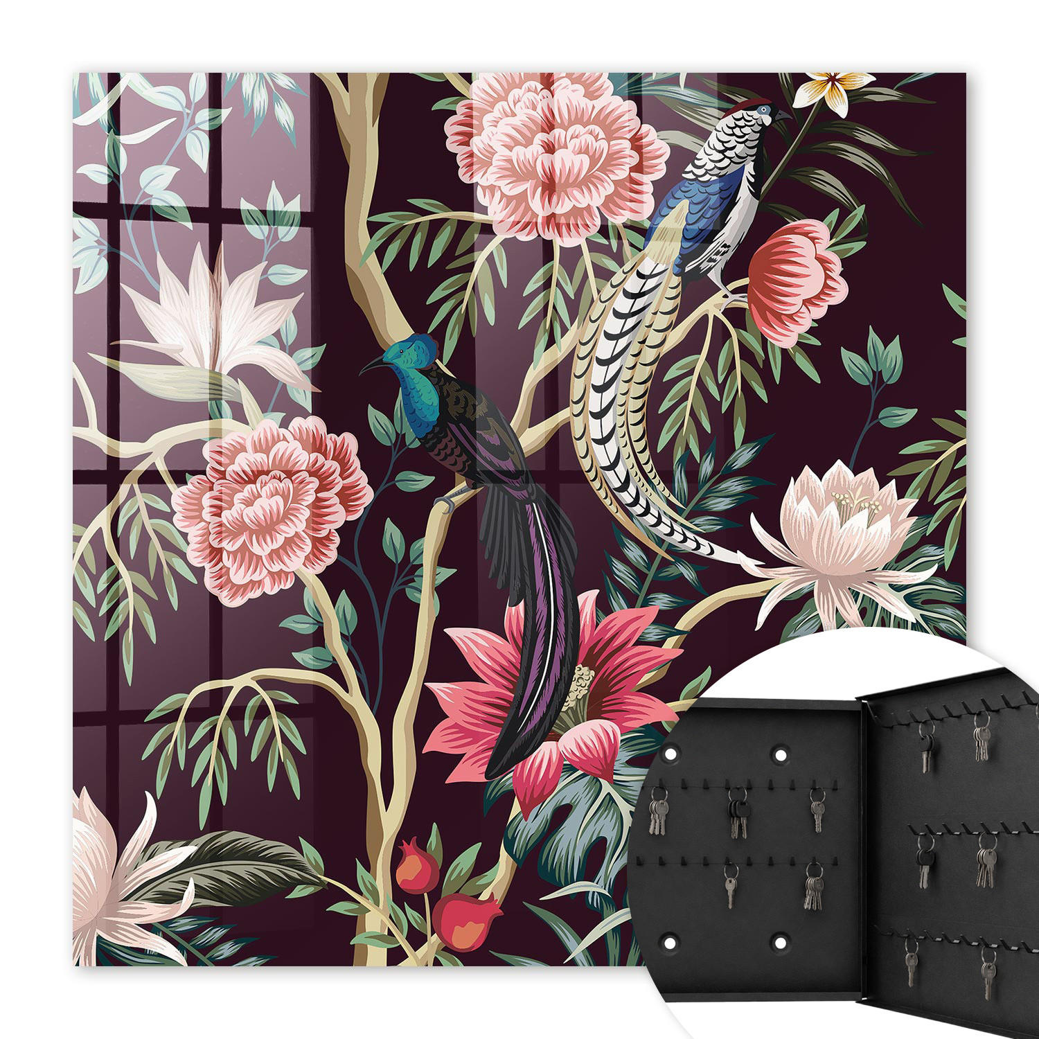 SCHLÜSSELBOX Schwarz 30x30 cm- Türöffnung nach rechts - Blumen und Vögel - Pink, Metall (30/30/5cm) - TULUP