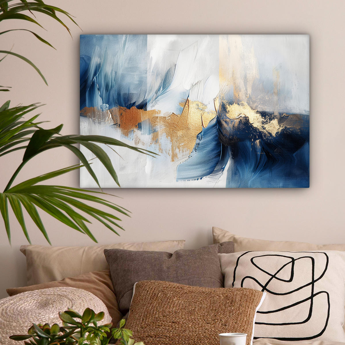 LEINWANDBILD Gold - Blau - Aquarell - Kunst - Modern Wanddeko 90x60 cm - Hellblau, Textil (90/60cm) - MuchoWow