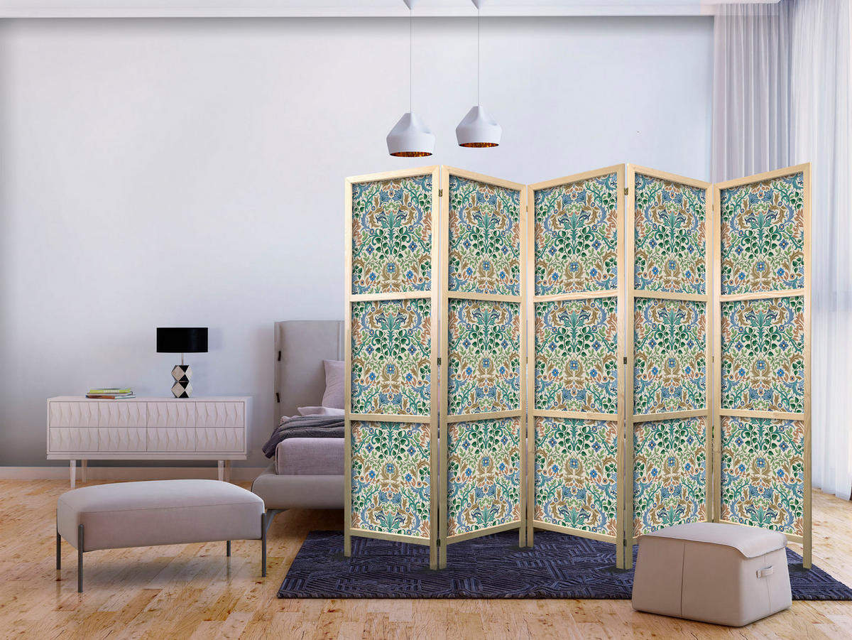 PARAVENT Japanischer 5-tlg 225x172 cm Bunte Blumen - Grün, Holz/Textil (225/172/3cm) - Muralo