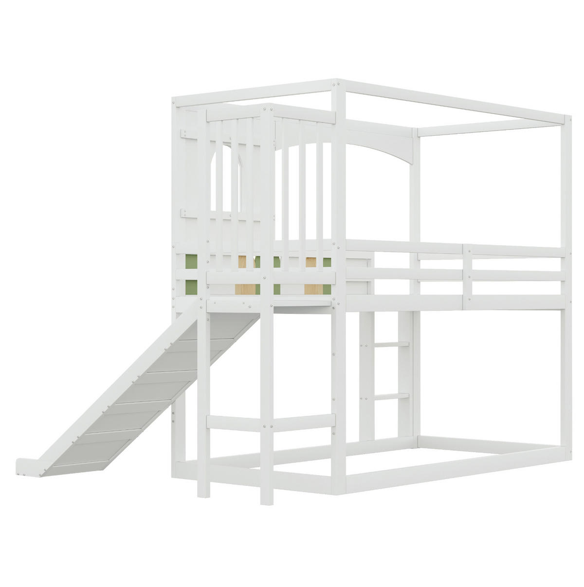 PATROVÁ postel 90/200 cm bílá z borovice, překližky a MDF s domečkem, skluzavkou a žebříkem - bílá, kompozitní dřevo (90/200cm) - OKWISH