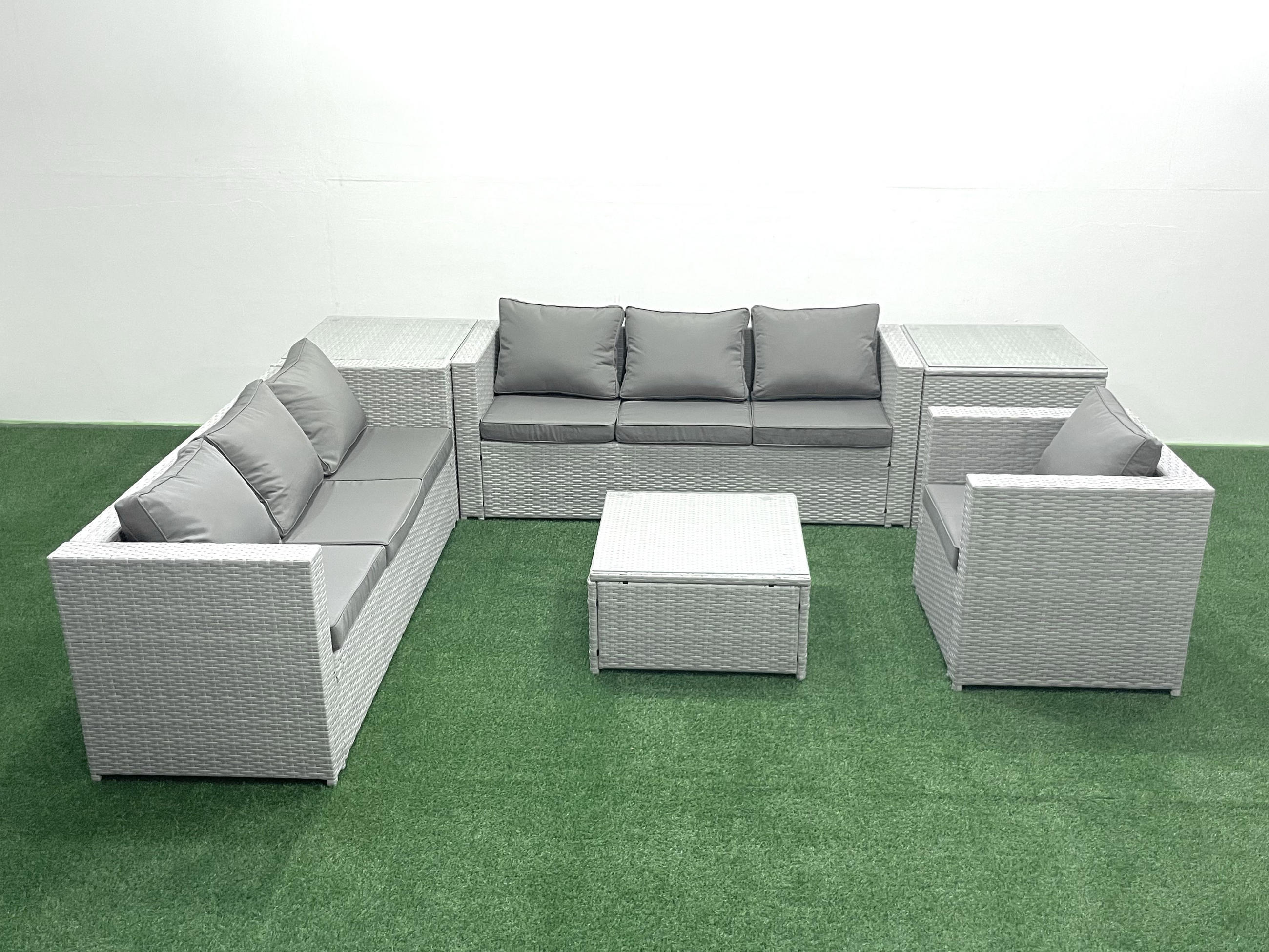 GARTENMÖBEL-SET mit Kissen Polyrattan Hellgrau-Mix 7-Sitzer - Hellgrau/Grau, Glas/Kunststoff - Fimous