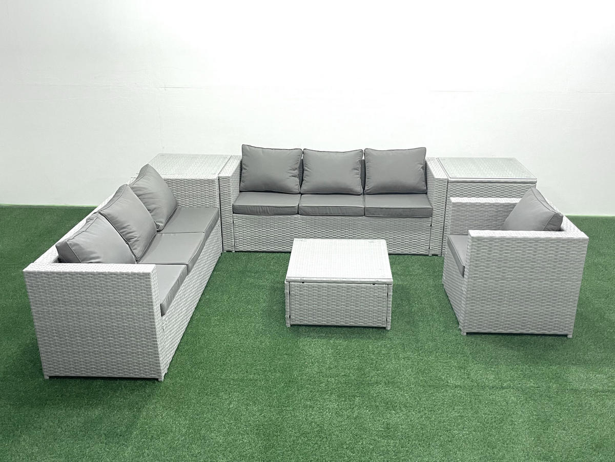 GARTENMÖBEL-SET mit Kissen Polyrattan Hellgrau-Mix 7-Sitzer - Hellgrau/Grau, Glas/Kunststoff - Fimous