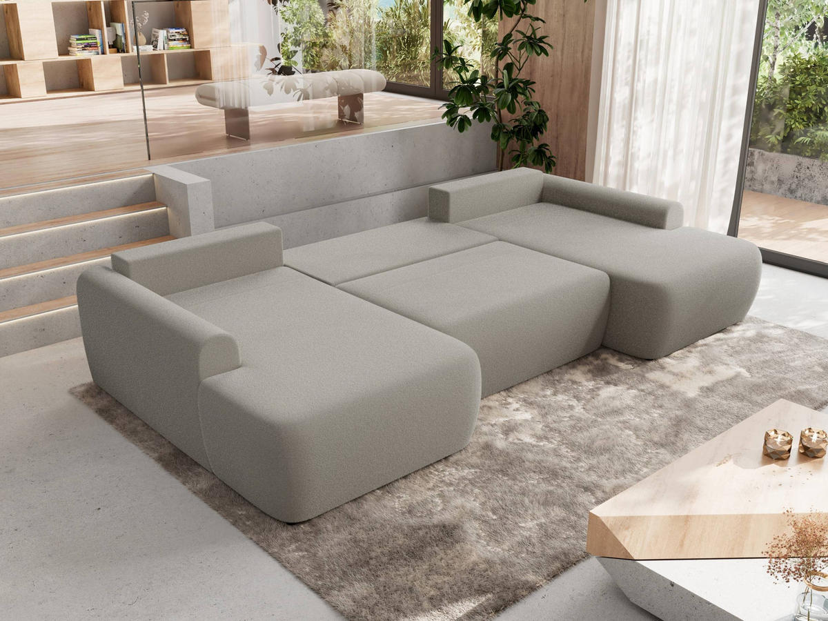WOHNLANDSCHAFT CUBO U Hellgrau Boucle - Hellgrau/Schwarz, Kunststoff/Textil (370/100/187cm) - MKS