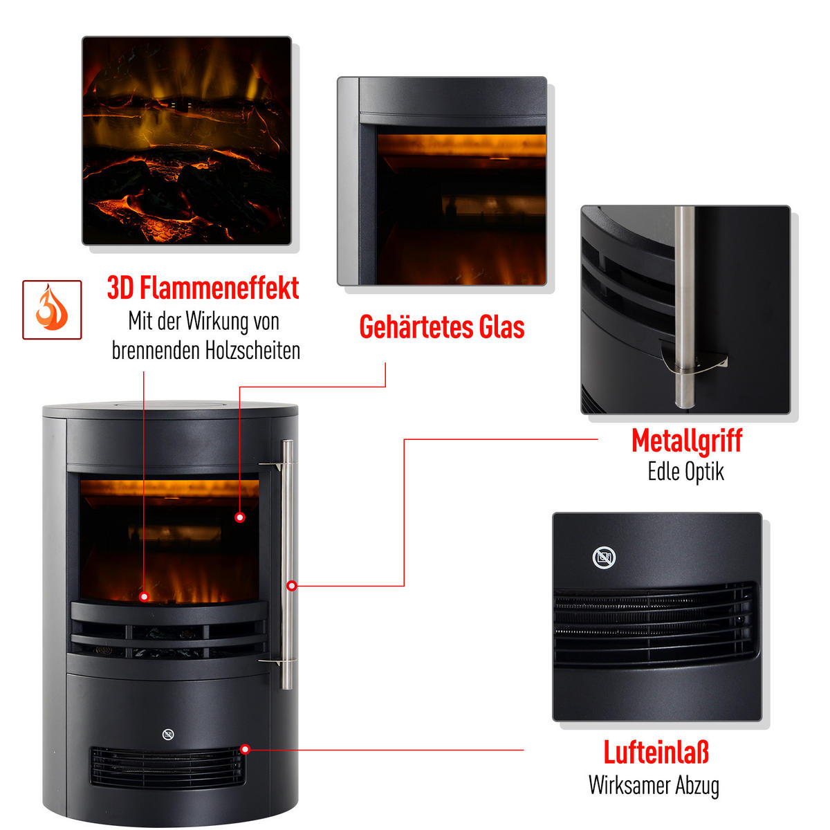 LED Elektrokamin mit Flammeneffekt Wandkamin Standkamin Kaminofen 900/2000W - Schwarz, Metall (41/645/41cm) - HOMCOM