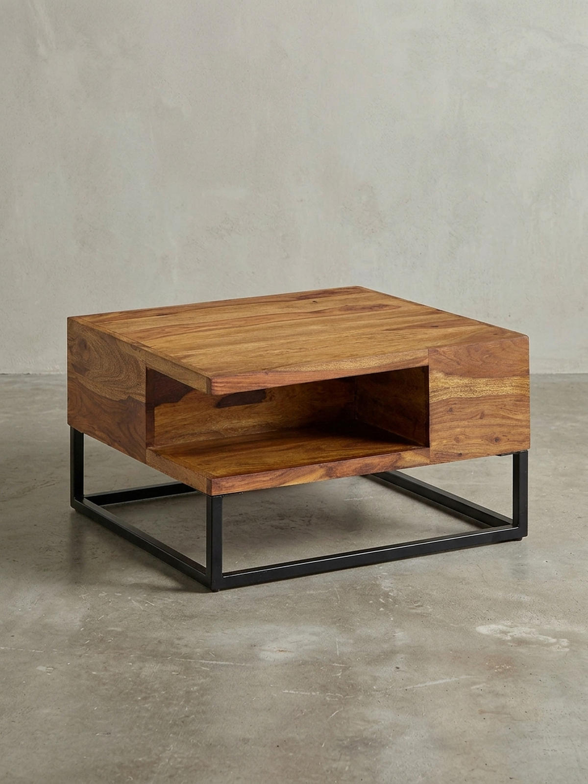 COUCHTISCH in Sheeshamholz mit Staufach, 60x60x34,5 cm, Industrial-Design - Schwarz/Braun, Holz/Metall (60/60/35cm) - KADIMA DESIGN