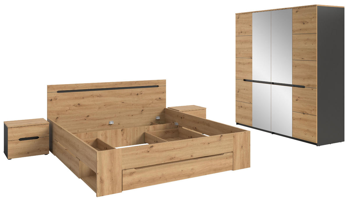 SCHLAFZIMMER Set 4-teilig Eiche Artisan, grau, Komplettset mit Kleiderschrank, Bett und 2x Nachttisch - Eiche Artisan/Grau, Glas/Holzwerkstoff - Inn.Furn